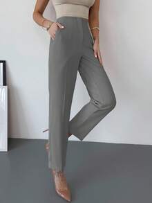 Firerie 女士优雅简约高腰口袋拉链修身杏色九分裤，适合通勤、办公室和日常穿着 - 灰色 - 查看 4