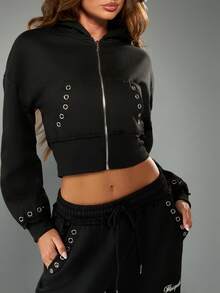 MISSGUIDED Full Zip Cropped Hoodie With Eyelet Detail And Drawstring For Casual Winter Wear - White - View 6