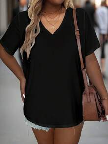 EMERY ROSE Camiseta casual de manga corta con cuello en V de unicolor simple para mujeres de talla grande - Negro - Ver 3