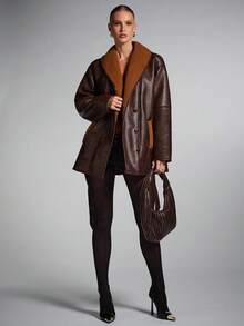 SHEIN BAE Women's Casual Shawl Collar Drop Shoulder Long Sleeve Faux Fur Jacket, Autumn/Winter,Women's Autumn/Winter New Faux Fur Lined, Leather Jacket, Brown Jacket Women - Coffee Brown - View 6