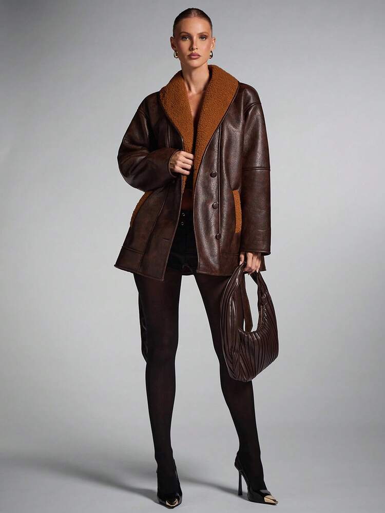 SHEIN BAE Damjacka med sjalkrage och nedsänkt axel, långärmad, fuskpäls, höst/vinter - Kaffebrun - Visa 6