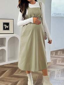 SHEIN 孕妇休闲纯色带口袋背带裙 - 軍綠色 - 查看 5