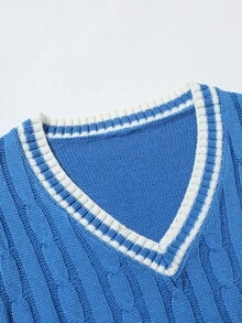 Manfinity Hypemode Áo len dệt kim sọc tương phản cho nam, thu đông - Màu xanh lam - Xem 3