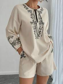 DAZY Vintage Vacation Long Sleeve Top And Shorts Set, 2pcs/Set For Women Lounge Sets For Women - Apricot - View 6