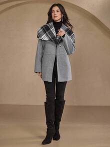 DAZY Women's Autumn/Winter Wool Blend Plaid Patchwork Cinched Waist Elegant Business Casual Overcoat