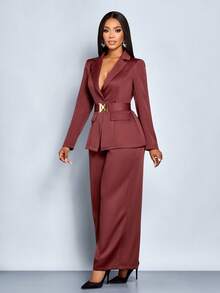 SOLERSUN Women's Elegant Single-Breasted Waist Cinched Tie Back Metal Decorated Notch Lapel Blazer Jacket And Pants Set Office Wear Women Suit Set Fall Cloth For Women - Coffee Brown - View 3
