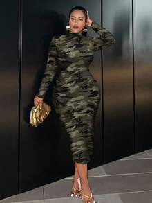 Slaydiva Classic Retro Camouflage Print Fitted Long Sleeve Round Neck Dress, Casual & Suitable For Plus Size, Autumn/Winter Fall - Multicolor - View 1