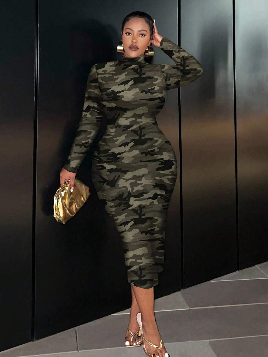 Slaydiva Classic Retro Camouflage Print Fitted Long Sleeve Round Neck Dress, Casual & Suitable For Plus Size, Autumn/Winter Fall - Multicolor - View 1
