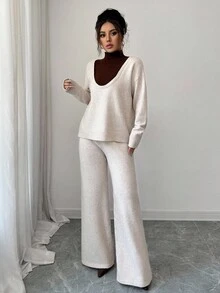 Elenzga U-Neck Slouchy Casual Knit Sweater Top + Straight Leg Knit Pants Set, Autumn/Winter - Camel - View 5