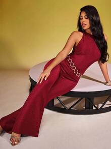 INAWLY جمبسوت نسائية ضيقة الجسم بقصة فستان مع ظهر مكشوف وساقين واسعتين من قماش مخملي بلون بوردو لامع، أنيقة وجذابة - عنابي اللون - مشاهدة 3