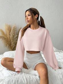 SHEIN EZwear 女士时尚休闲粉色短款运动卫衣，秋季 - 粉色 - 查看 5