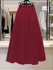 Franclia 女士纯色优雅A字褶裙，适合通勤 - 酒紅色 - 查看 2