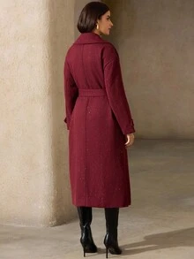 GENKIRA Vintage High-End French Style Lapel Belted Long Coat For Women - Burgundy - View 3