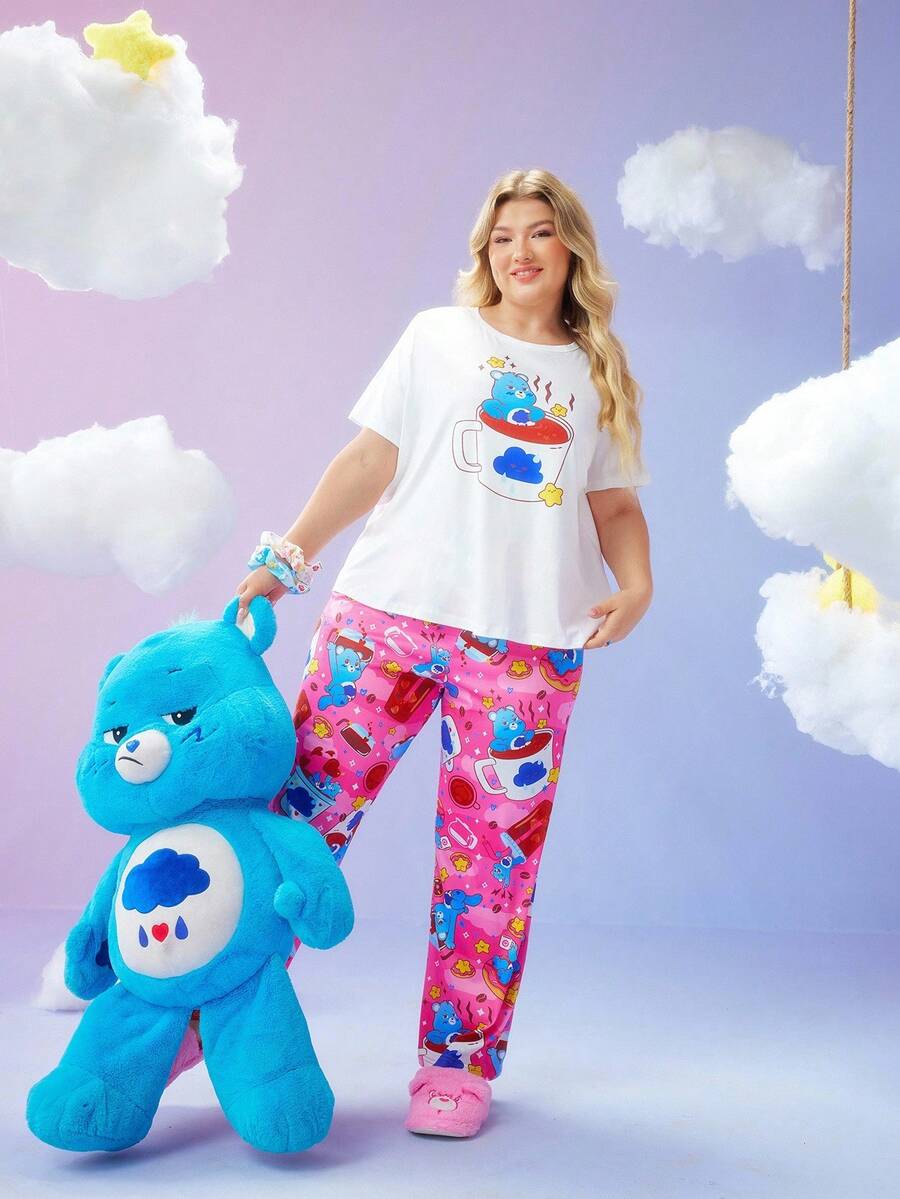 Slumberry CURVE SweetSlumber X Carebears Bộ đồ ngủ tay ngắn cổ tròn in hình gấu hoạt hình dễ thương cỡ lớn mùa hè cho nữ - Nhiều màu - Xem 1