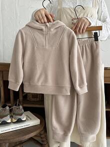 2 件套年轻男童休闲简约连帽衫套装，羊毛加厚，适合秋冬季 - 杏色 - 查看 4