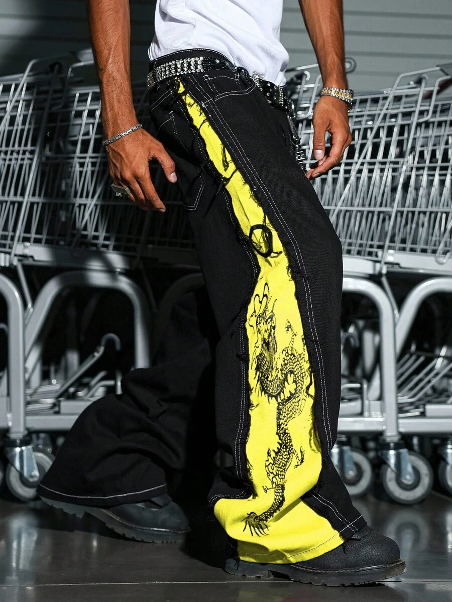 Manfinity EMRG Quần Jeans Denim Họa Tiết Rồng Chắp Vá Màu Tương Phản Cho Nam - màu đen - Xem 1