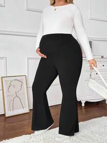 SHEIN Autumn And Winter Plus Size Maternity Solid Color Adjustable Waist Casual Flared Thermal Lined Pants, Autumn/Winter Flare Pants Maternity Pants Plus Size Flare Pants Maternity Clothes Pregnancy Pants