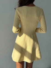 Aloruh Women's Pale Yellow Autumn Elegant Everyday Long-Sleeved Deep V-Neck Knitted Sweater Dress,Slim Fit Cream Yellow New Year Winter Wear - Navy Blue - View 3