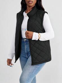 SHEIN PETITE CURVE 大码女式拉链前部保暖衬里背心夹棉外套 - 黑色 - 查看 3