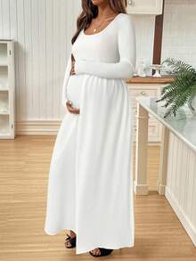 SHEIN Solid Color Draping Autumn Maternity Dress - White - View 3