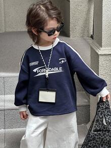 DAZY 儿童秋季服装，男童抓绒卫衣，休闲宽松字母印花街头风，秋季 - 藏蓝色 - 查看 3