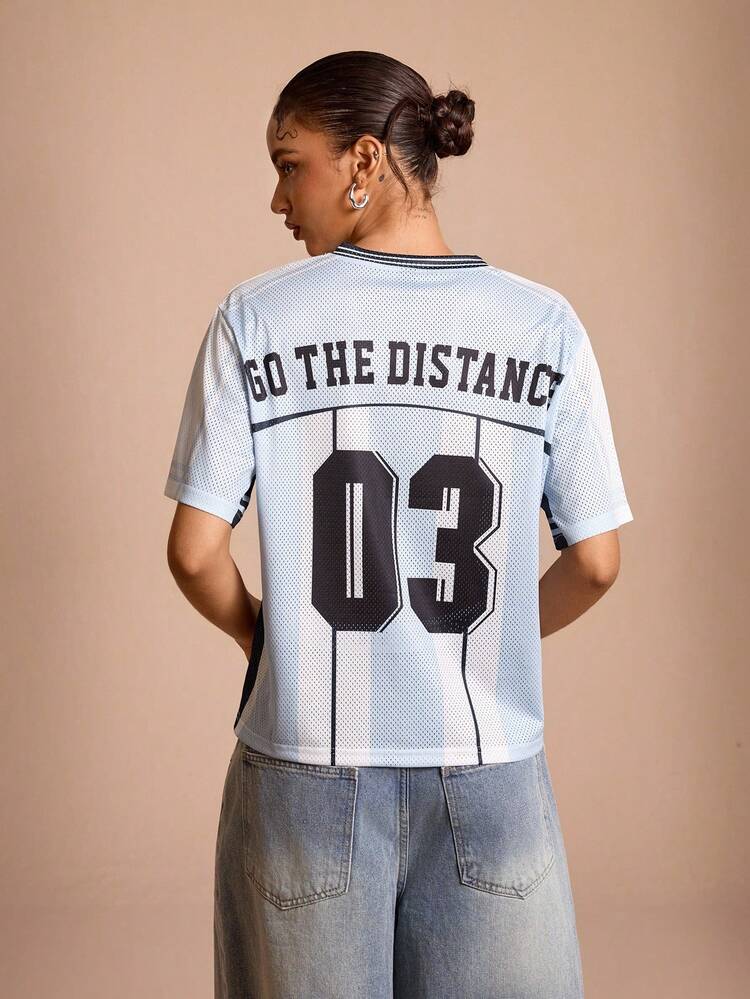 SHEIN Sports Camiseta deportiva de verano informal con bloqueo de color e impresión de letras - Azul - Añade 2
