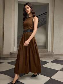 ZEYLAH Sleeveless Rhinestone Decor Waist Cincher Elegant Long Dress