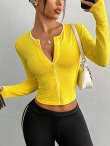 Dewbera 女士瑜伽和户外运动圆领长袖拉链运动夹克 - 黃色 - 查看 1