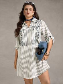 Zelara Vestido de talla grande casual con rayas, bordado floral para uso diario