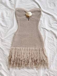 Soleia 女士度假针织纹理金属流苏迷你连衣裙，性感派对约会海滩度假夏季服装，适合度假约会、下午茶、婚礼季节、海滩游轮度假、城市公路旅行度假、波西米亚风度假、音乐节流苏连衣裙米色连衣裙钩针连衣裙 - 鏽棕色 - 查看 3