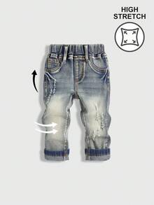 SHEIN Playful Pals 男童休闲日常都市街头松紧腰简约舒适破洞复古休闲牛仔裤