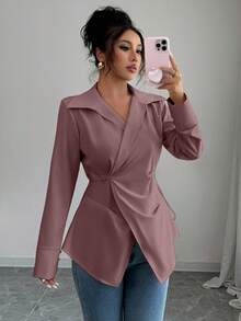 Selianne Women's Solid Color Minimalist Long Sleeve Shirt, Casual Everyday Wear - Redwood - View 5