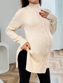 SHEIN 孕妇纯色高领长袖开衩休闲套头衫 - 卡其色 - 查看 4