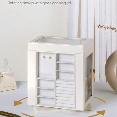 SHEIN CASEGRACE 1 件大容量女士珠宝盒，360° 旋转 PU 皮革珠宝收纳盒，6 层 5 抽屉透明盖珠宝收纳整理器 - 非常适合戒指、耳环、项链和手镯，适合女性、女孩夏季收纳整理器礼物