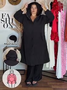 Enliva Jolene.Mendez 加大码黑色风衣外套，长袖连帽中长款外套，防水面料，适合户外运动和休闲出游，返校连帽风衣，女士秋季外套，冬季，CURVE PLUS，适合苹果型圆润身材 - 黑色 - 查看 7