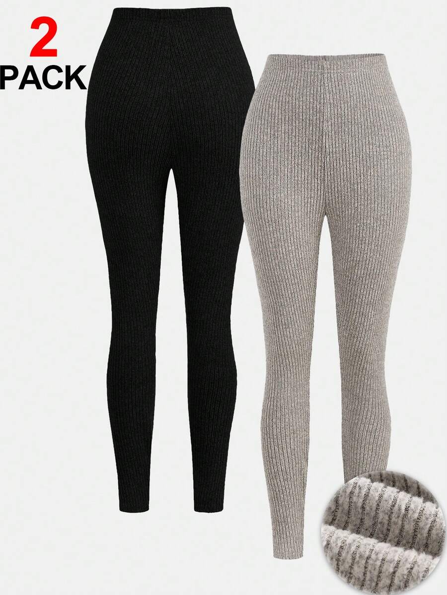 SHEIN Girlism 2 pezzi/set Leggings a vita elastica in maglia bicolore per ragazze adolescenti, casual da indossare in casa e fuori, autunno/inverno