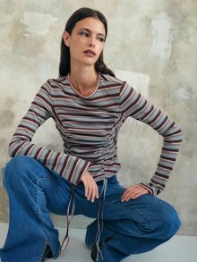 Nöista Brown Striped Long-Sleeve Top With Ruched Sides And Adjustable Drawstrings, Featuring A Fitted Silhouette That Makes It Perfect For Chic And Elegant Casual Wear, Ideal For Winter, Christmas-Season Styling And Modern New Year Looks. - Pink - View 3