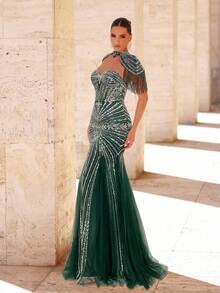 Glamrae Váy đuôi cá lưới đính ngọc trai và sequin sang trọng thanh lịch với thiết kế tay tua rua, phù hợp cho đám cưới, tiệc tùng, kỳ nghỉ, dạ hội, trang phục trang trọng buổi tối (được trang trí nhiều chi tiết) - Màu xanh lá cây đậm - Xem 5