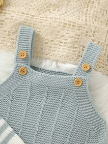 2 件婴儿针织套装：条纹圆领长袖毛衣 + 带吊带的连体裤 - 淺藍色 - 查看 8