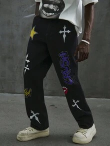 Manfinity ZONE917 Men's Casual Loose Fit Colorful Graphic Print Black Straight Leg Jeans,Streetwear Summer City Break Y2K Vintage Washed Star Wide Leg Distressed Jeans - Black - View 4