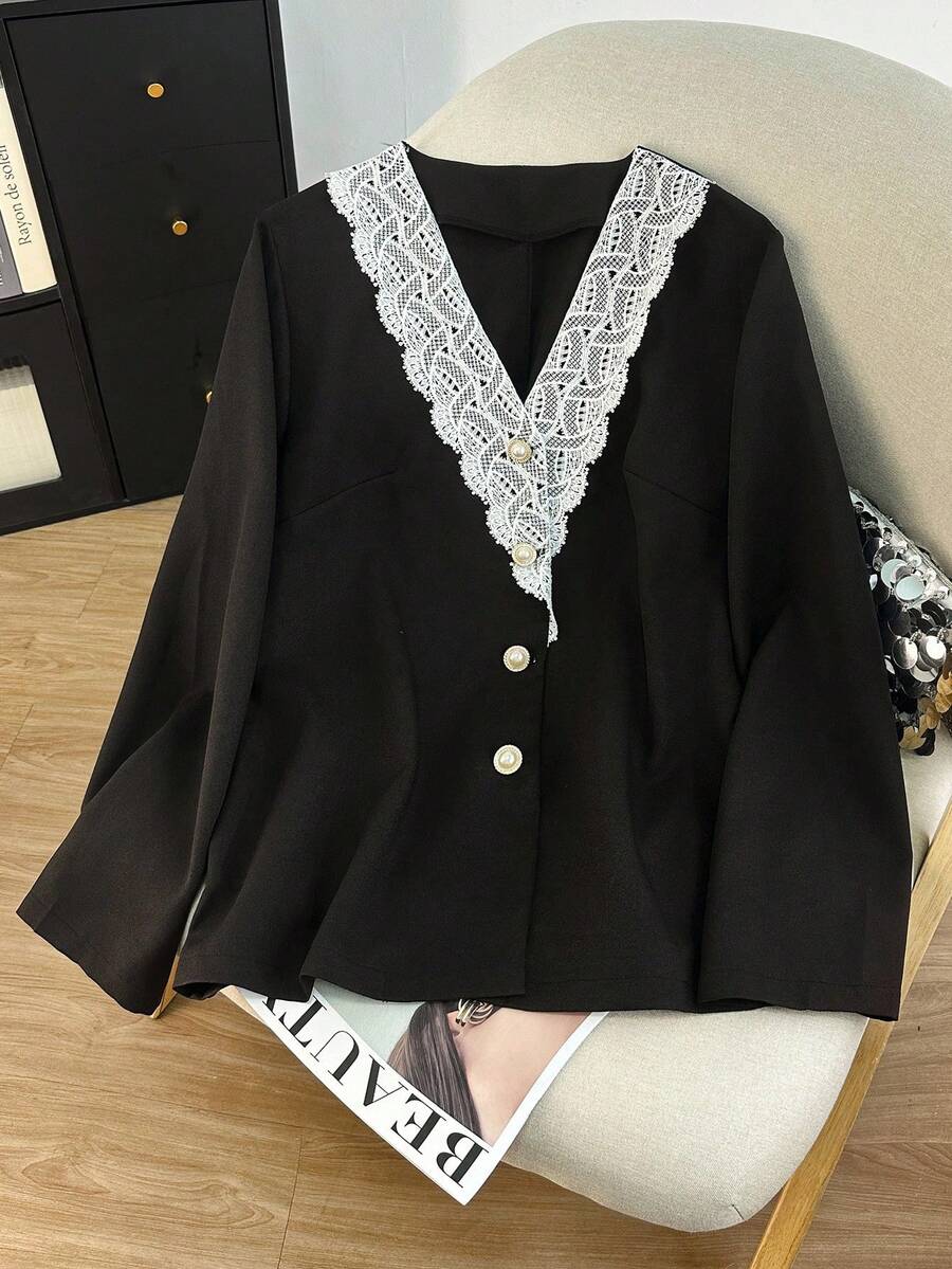Modelyn Plus Size Women's Elegant Romantic Contrast Color Floral Trim Button-Up Long Sleeve Jacket - Black - View 1