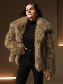 Anewsta 秋冬新款百搭芥末黄宽松翻领长袖毛茸茸外套