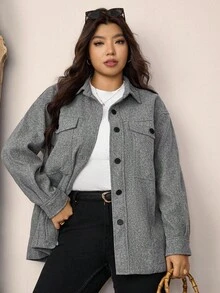 Zelara Plus Drop Shoulder Flap Pocket Overcoat, For Winter Fall Autumn - Grey - View 6