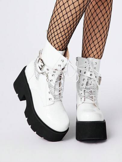 Grunge Punk Stivali alla caviglia da donna in stile punk con suola spessa e tacco chunky, stivali da combattimento con piattaforma e decorazione a catena metallica in stile gotico, comodi, adatti per Ognissanti