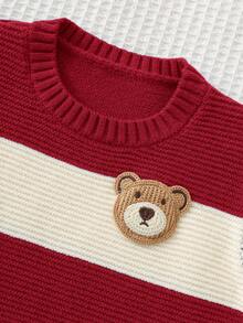 Cozy Pixies Baby Boy Cartoon Bear Striped Pattern Crew Neck Long Sleeve Sweater Fall Winter