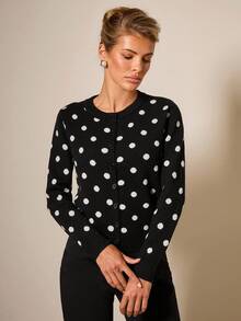COSMINA 女士休闲波尔卡圆点图案圆领长袖针织开衫，秋季 - 黑與白 - 查看 2