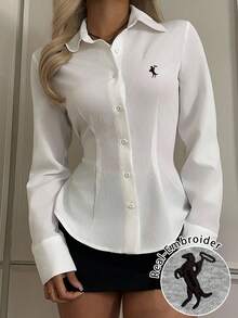 SHEIN EZwear Women's Casual Minimalist Embroidered Logo Waist Cinched Long Sleeve Button-Up Shirt, Suitable For Autumn/Winter - White - View 1