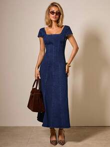 COSMINA 海军蓝休闲束腰长款牛仔连衣裙 - 彩色 - 查看 4