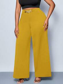 SOLERSUN Celana Panjang Wanita Ukuran Besar Warna Kuning Mustard Polos dengan Detail Sabuk, Potongan Lebar, Celana Kerja Kasual Cerdas Musim Panas, Pesta, Konser, Festival Musik Musim Gugur - Mustard Yellow - View 4