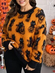 SHEIN LUNE 大码女款万圣节南瓜和猫咪图案圆领毛衣 - 彩色 - 查看 6